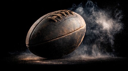 Creative studio shot of rugby ball with smoke or mist in background