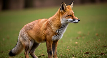 Fototapeta premium Beautiful Red Fox Standing on Grass in Nature, Observing the Surroundings with Alert Expression.