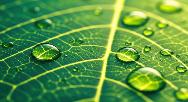macro shot of glistening dew drops on a vibrant green leaf. perfect for nature, ecology, or wellness themes. high-resolution image ideal for backgrounds and designs.
