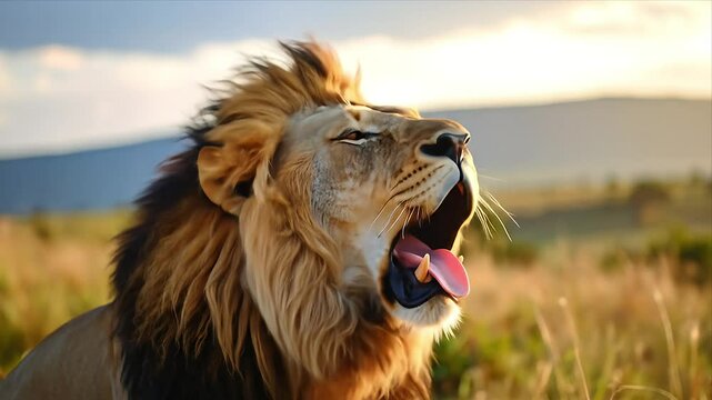 A majestic lion roars with a wide open mouth, sunlit mane