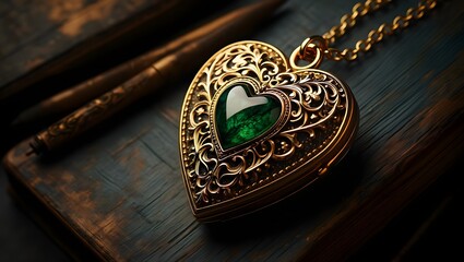 Vintage gold heart locket necklace with green emerald gemstone pendant jewelry gift idea