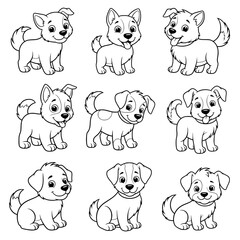 Obraz premium A charming vector collection of nine adorable cartoon puppies in various playful poses, rendered in a clean black and white outline style.
