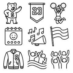 Cheerleading Icons Collection. Line style icons of school spirit cheerleading: school mascot pose, class banner, homecoming cheer,