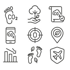 Carbon Offset Icons. Line style icons of carbon footprint and offset: carbon footprint icon, offset tree planting, carbon credit