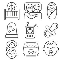 Baby Sleep Icons. Line style icons of baby sleep and rest: crib with mobile, co-sleeping icon, swaddled sleeper, nightlight with