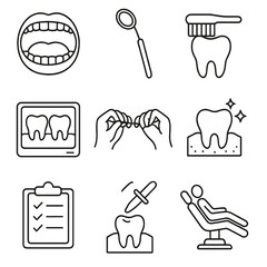 Dental Wellness Icons. Line style icons of dental wellness check: open mouth exam, dentist mirror tool, brushing teeth icon,