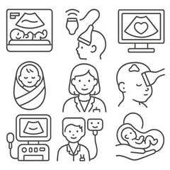 Pediatric Ultrasound Icons. Line style icons of pediatric and neonatal ultrasound: baby in incubator with scan, small probe for