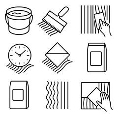 Tile Adhesive Icons. Line style icons of tile adhesive process: bucket of tile adhesive, adhesive being spread with notched trowel