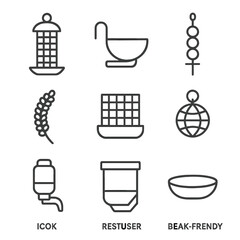 Bird Feeding Icons. Line style icons of bird feeding items: hanging seed feeder, water perch bowl, fruit skewer icon, bird millet