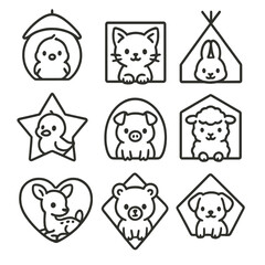 Baby Animals' Shaped Homes. Line style icons of baby animals inside shaped houses: chick in round hut, kitten in square house,