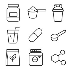 Protein Supplement Icons. Line style icons of protein supplements: protein powder jar, scoop with powder, protein shaker bottle,