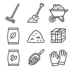 Mulching Tools Icons. Line style icons of mulching tools and materials: garden rake, mulch shovel, wheelbarrow with mulch, mulch