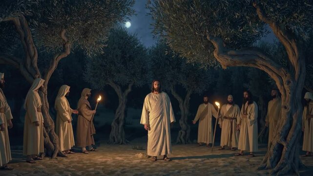The arrest of Jesus by the Temple guards in the Garden of Gethsemane. Biblical scene