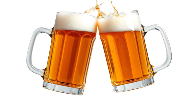 Two glasses of beer toasting with splash isolated on transparent background