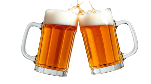 Two glasses of beer toasting with splash isolated on transparent background