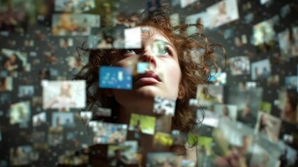 Emotional woman surrounded by chaotic digital images representing overwhelming online information and social media interactions in a surreal - Powered by Adobe
