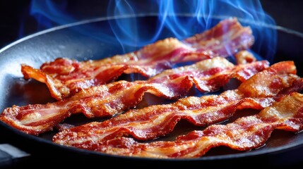 Overhead view of hot, crispy bacon with steam rising from a non-stick pan