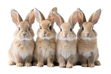 Obraz premium Four fluffy brown baby bunnies sitting together on a transparent background
