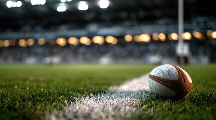 Rugby ball resting against a white chalk sideline on a grassy stadium field