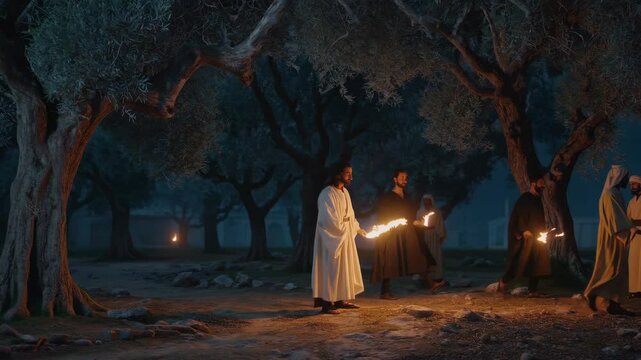 The arrest of Jesus by the Temple guards in the Garden of Gethsemane. Biblical scene