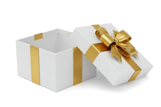 Elegant white gift box with gold ribbon and bow open isolated on white background - Powered by Adobe