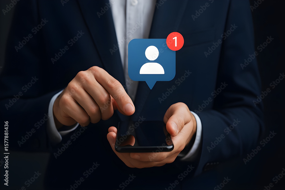 Poster professional close-up of businessperson using smartphone with incoming user profile notification ico
