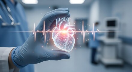 A medical professional holding a holographic heart with an overlaid heartbeat line.