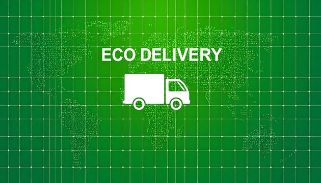 Green world map with eco-friendly delivery truck graphic
