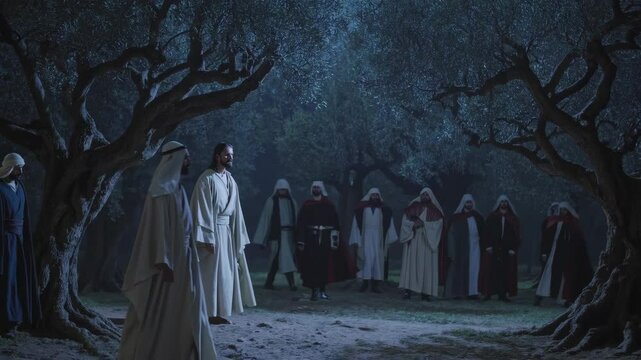 The arrest of Jesus by the Temple guards in the Garden of Gethsemane. Biblical scene