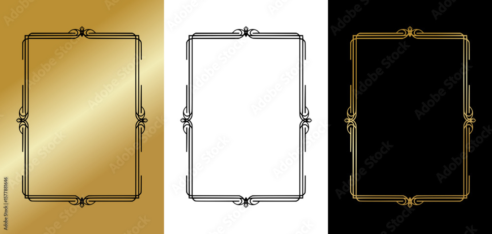 Poster elegant frame for postcards and typography, isolated vector image, three design variants - on gold, 