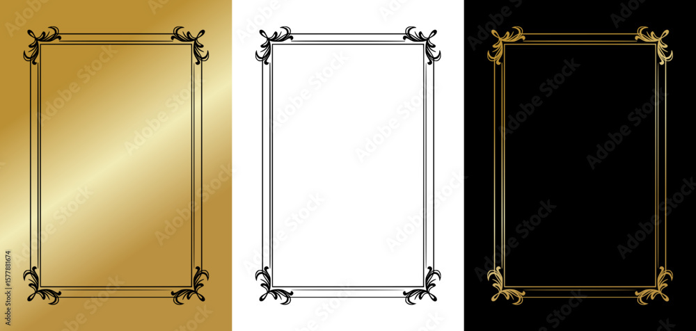 Poster elegant frame for postcards and typography, isolated vector image, three design variants - on gold, 