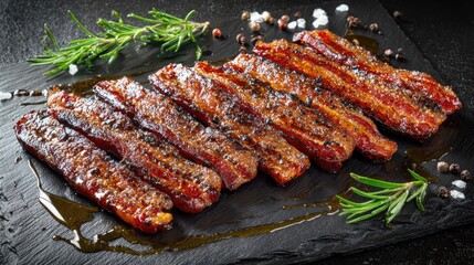 Strips of bacon served on black slate with oil streaks and garnish for contrast