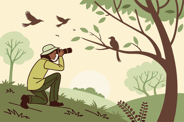A person with camera taking pictures of birds in nature on a sunny day surrounded by trees