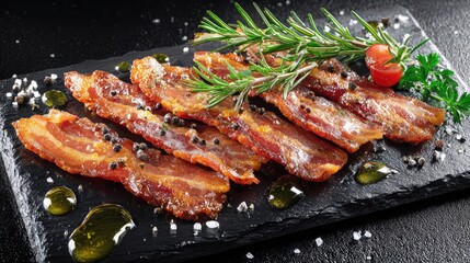 Strips of bacon served on black slate with oil streaks and garnish for contrast