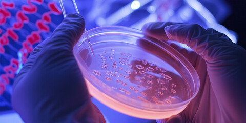 Hands Holding Petri Dish with DNA Background