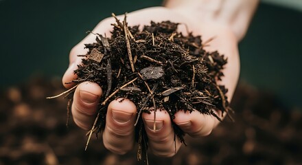 A person's hand holding a pile of dark, rich compost with visible wood chips and organic matter.