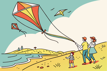 A family flying kites on the beach with an island in the background on a bright summer day image