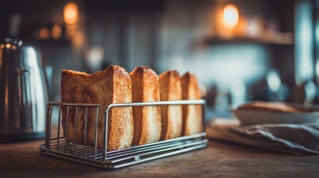 Toasted bread standing upright in a metal toast rack, with soft kitchen background