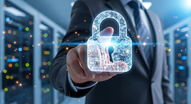 Businessman secures data, activating digital padlock in server room.