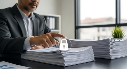 Businessman interacts with a security lock icon over a stack of documents, suggesting data protection and confidentiality in a modern office setting.