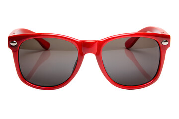 A pair of bright red sunglasses with dark lenses is displayed isolated on transparent background