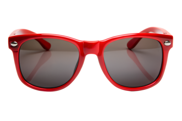 A pair of bright red sunglasses with dark lenses is displayed isolated on transparent background