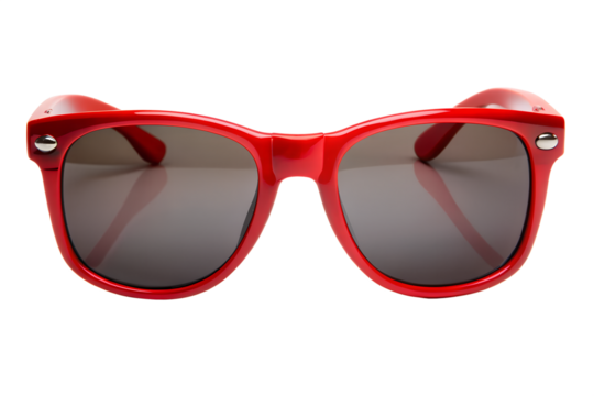 A pair of bright red sunglasses with dark lenses is displayed isolated on transparent background
