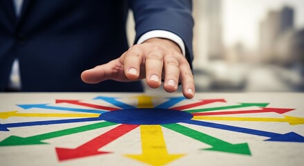 Fototapeta premium Businessperson's hand reaching towards a central point surrounded by diverging arrows, symbolizing strategic decision-making and multiple options.