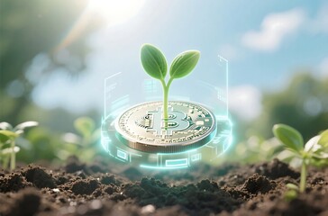 Holographic seedling sprouting from digital coin, floating above soil in sunlight, futuristic finance concept photography for eco crypto branding