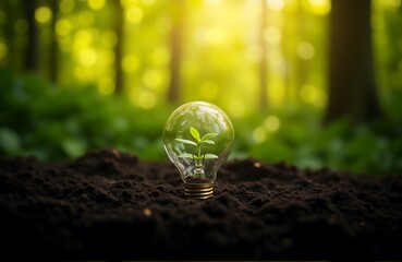 Seedling growing inside transparent light bulb in soil, natural backlight with forest bokeh, green innovation photo for eco energy concepts