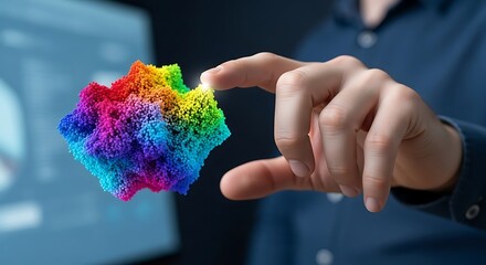 A person's hand hovers over a colorful, abstract, 3D model, possibly a data visualization, in a modern workspace.