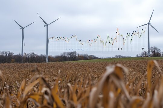 Wind turbines in a field showcase data visualization of energy production trends over time, Wind turbines in field with data visualization showing testing percentages and graphs