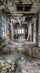 Fototapeta premium Abandoned building corridor with peeling walls and broken ceiling