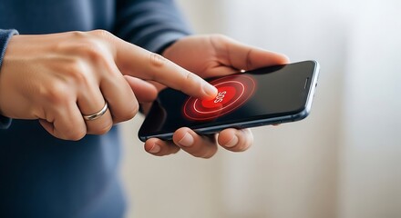 Person using smartphone, finger touching red notification, close-up view.